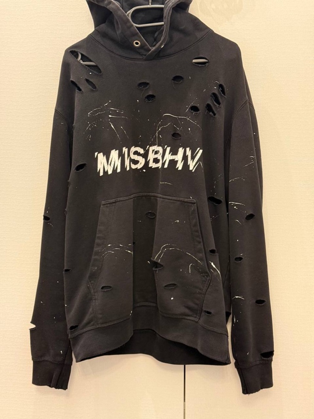 Black Distressed Zip-Up Style Hooded Sweater with White Print